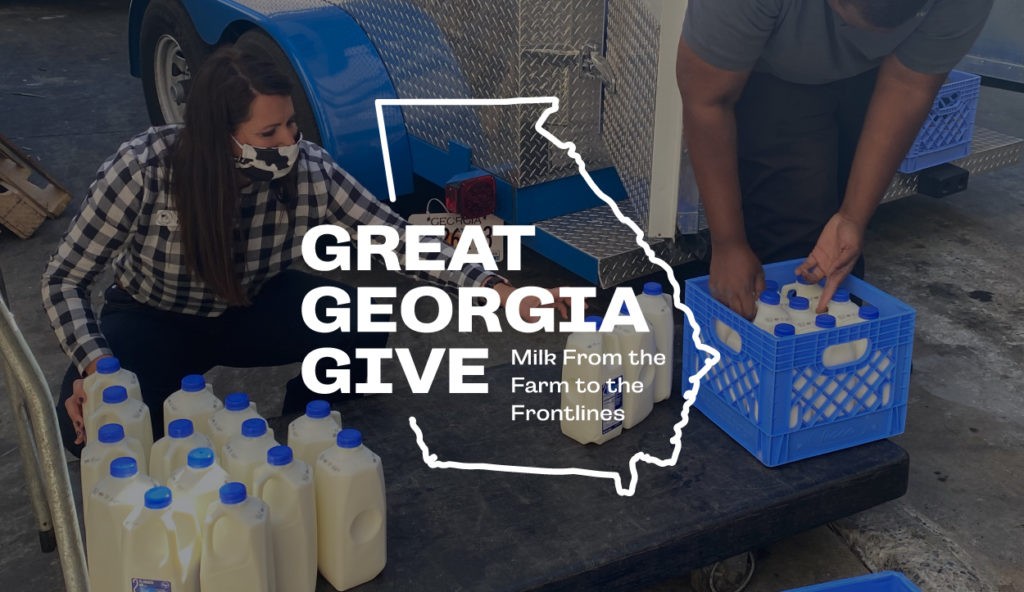 Great Georgia Give logo over two people putting half gallons of milk into crates